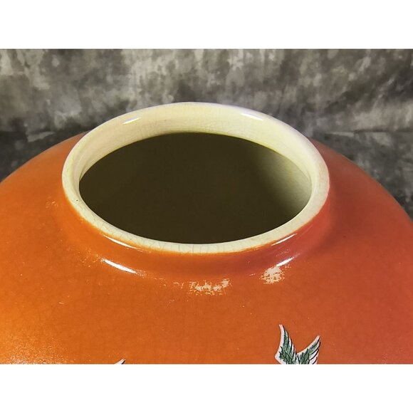 Andrea By Sadek Vintage Orange Porcelain Ginger Jar With Crane & Bamboo Design - Picture 5 of 7